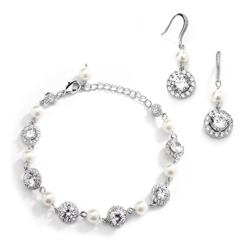 Mariell Ivory Pearl & Round CZ Bridal Bracelet & Earrings Set - Wedding Jewelry Sets for Bridesmaids - Image 1